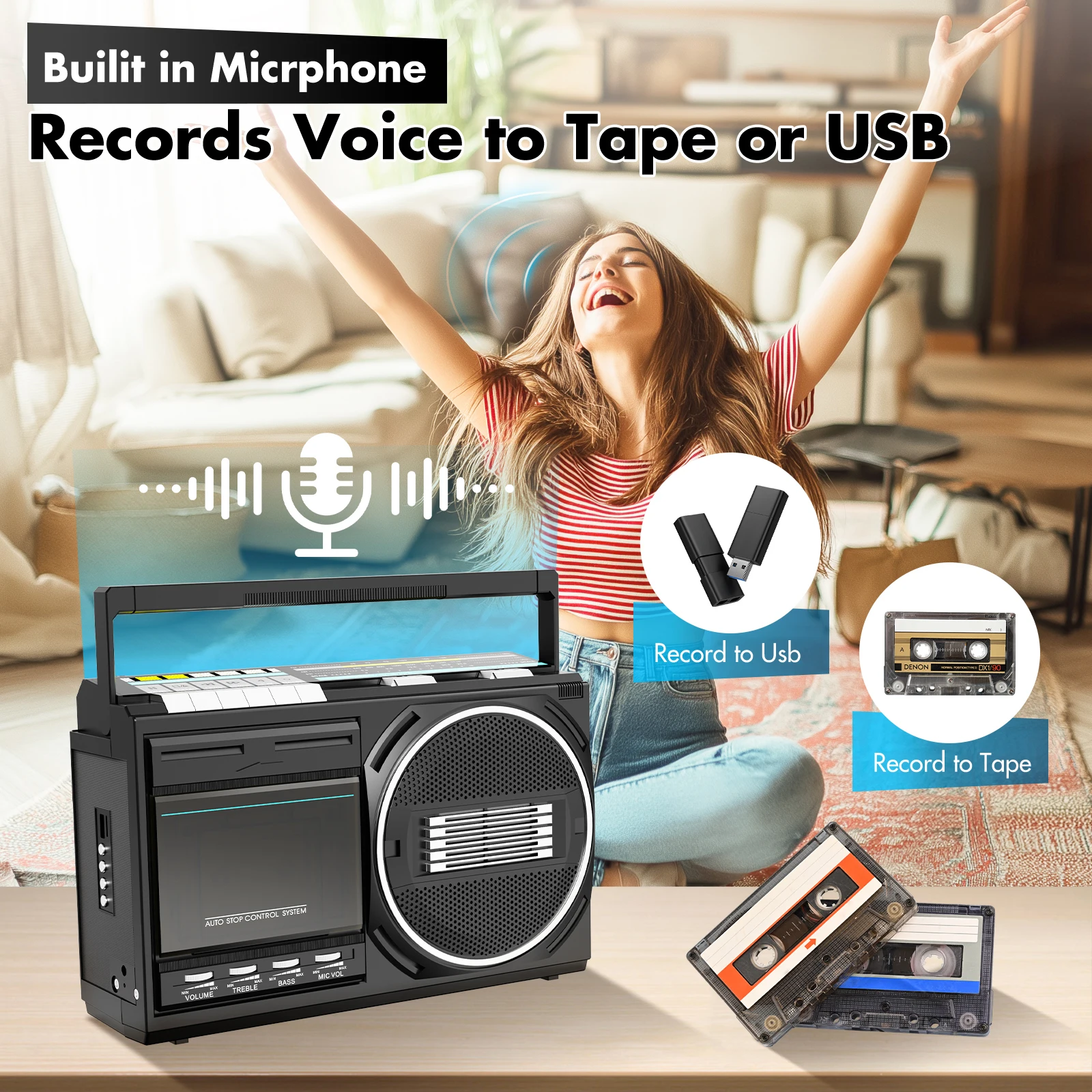 Retro cassette boombox bluetooth and USB FM AM SW radios converts tapes to MP3 with earphone and microphone jacks AC DC power