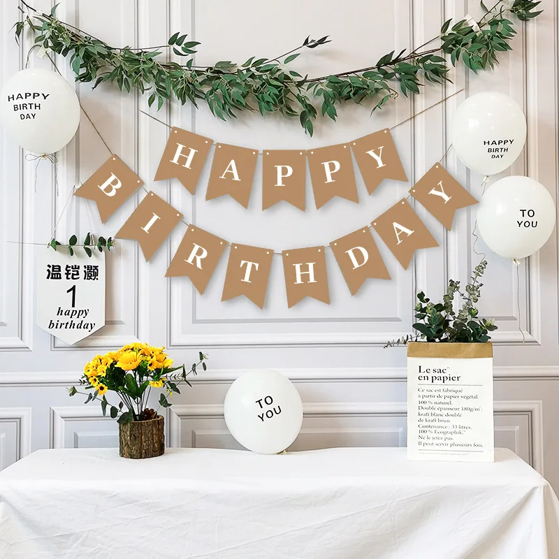 

Kraft Paper Fish Tail Flag Happy Birthday Letter Party Background Decoration Flower Pulling For Home Baby Shower Party Decor