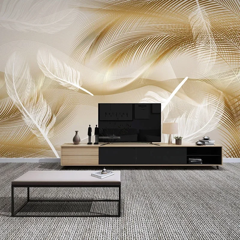 

Custom Moder Wallpaper Wall Decor Art 3D Golden Lines White Feather Mural Luxury Living Room Sofa TV Background Papel De Parede