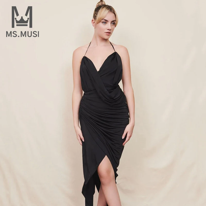 

MSMUSI New Fashion Women Sexy Black Halter V Neck Draped Asymmetric Sleeveless Fold Lace Up Backless Bodycon Satin Midi Dress