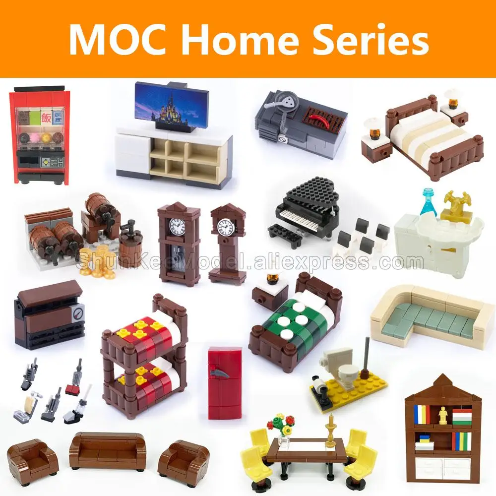 

DIY City Friend MOC House Furniture Accessories Bricks Desk Wardrobe Bed TV Sofa Kitchen Bathroom Piano Computer Building Blocks