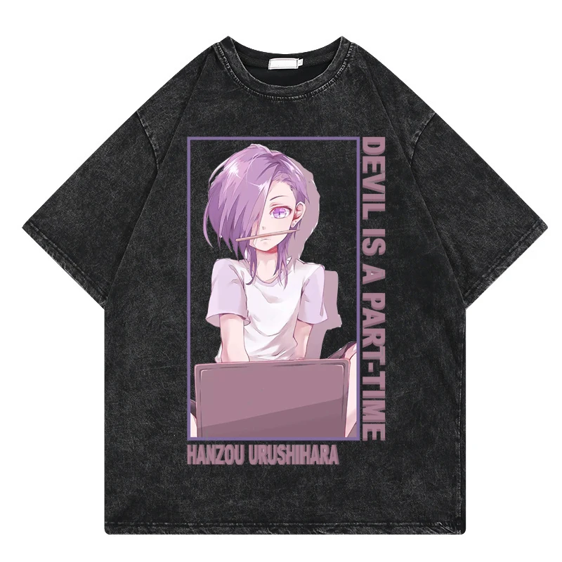 

Japanese Anime Hataraku Maou-sama! Graphic Printing Tshirt Vintage Washed Mens Casual O-Neck Short Sleeve Unisex T-Shirt