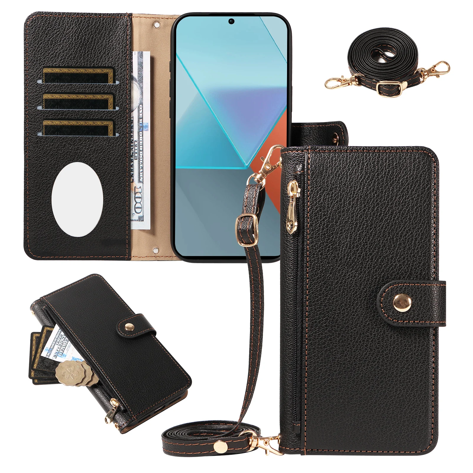Women's Faux Leather Crossbody Protective Case with Coin Purse, Multi-Card Slots, Mirror, and Makeup Holder