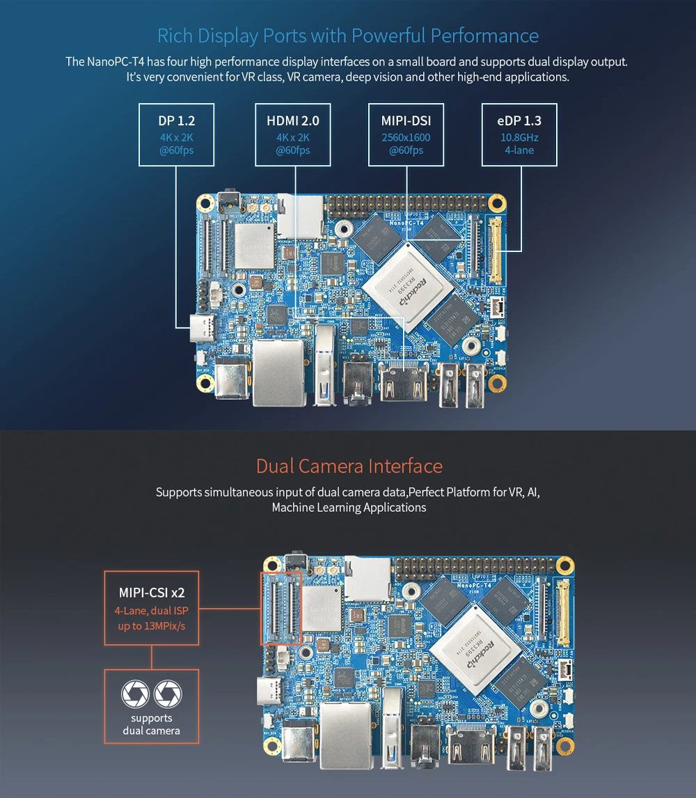 NanoPC-T4 ARM Development Board 4GB LPDDR3 RAM 16GB eMMC Rockchip RK3399 Dual-ba