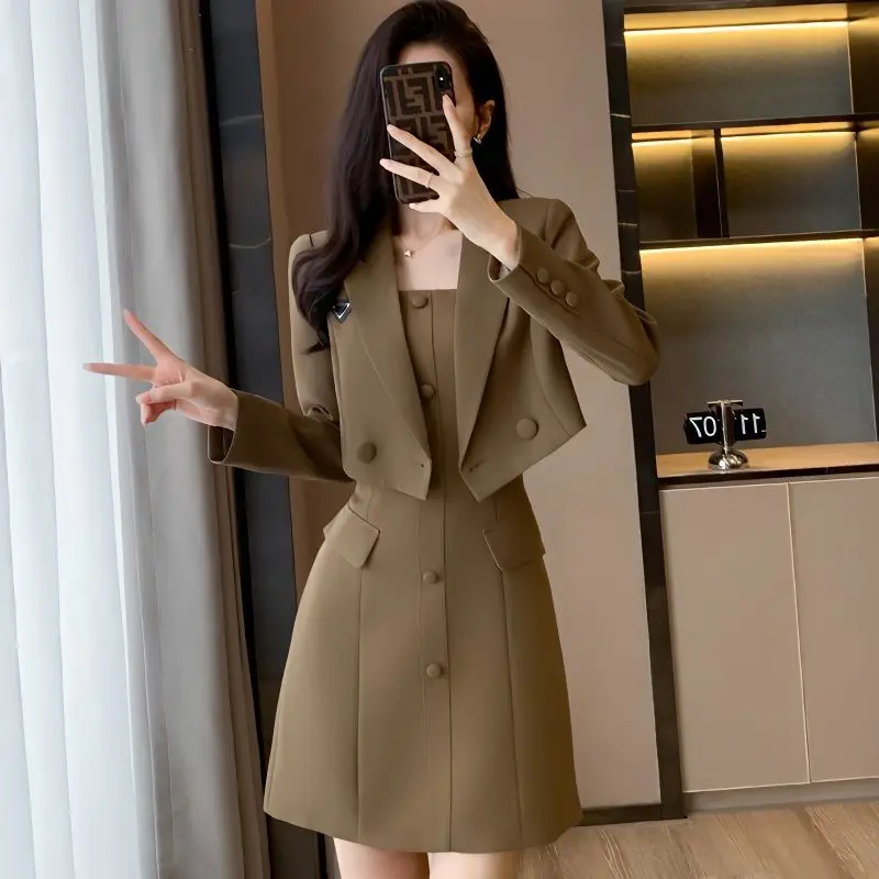 

S-3XL Womens Blazer Suits Spring Summer Female Long Coat+Dress 2pcs Sets Long Sleeve Button Slim Fashion Ladies Outfits H248