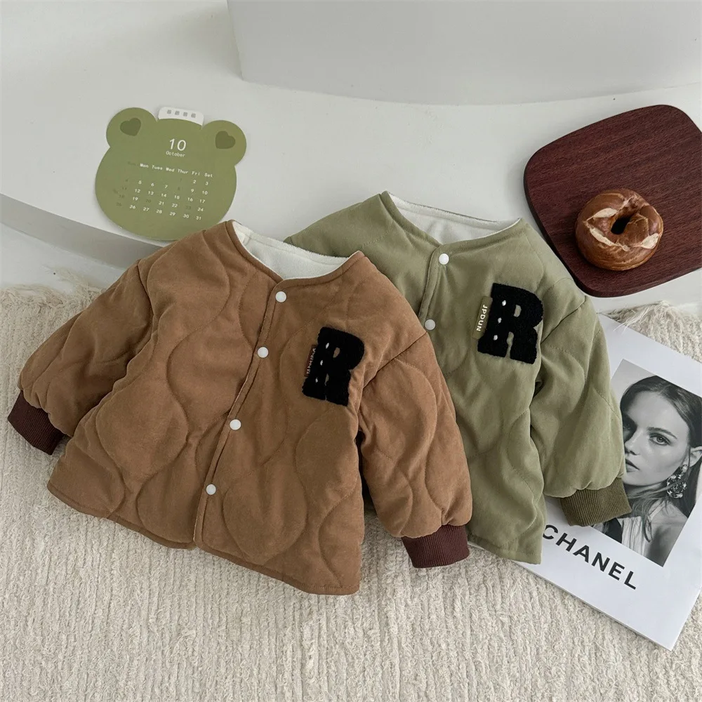 Winter New in Kids Baby Boys Thicken Plush Warm Top Outwear , Toddler Infant Patch Letter Jacket Outfits Fashion Clothing