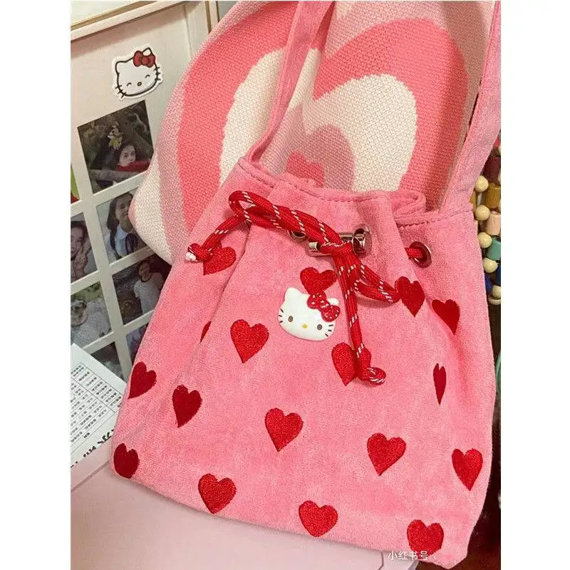 

Sanrio Hellokitty Handbag Embroidered Love Heart Draw with Pink Single Shoulder Crossbody Kawaii Mini Bucket Bag
