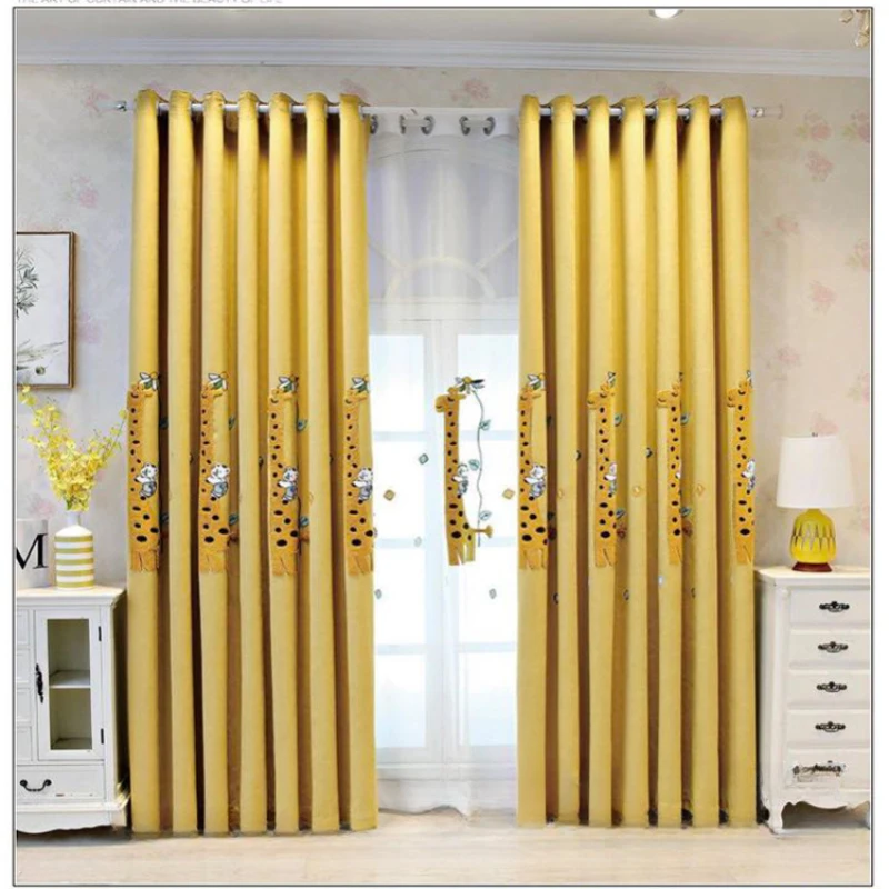 

Korean Style Giraffe Cartoon Chevron Cotton and Linen Embroidery Curtains for Living Dining Room Bedroom Custom Size