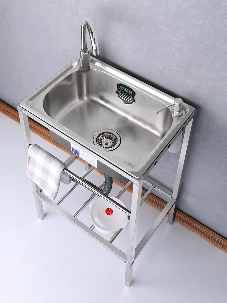 Kitchen Stainless Steel Sink with Bracket Washing Basin Sink Single Large Single Basin Wash with Rack