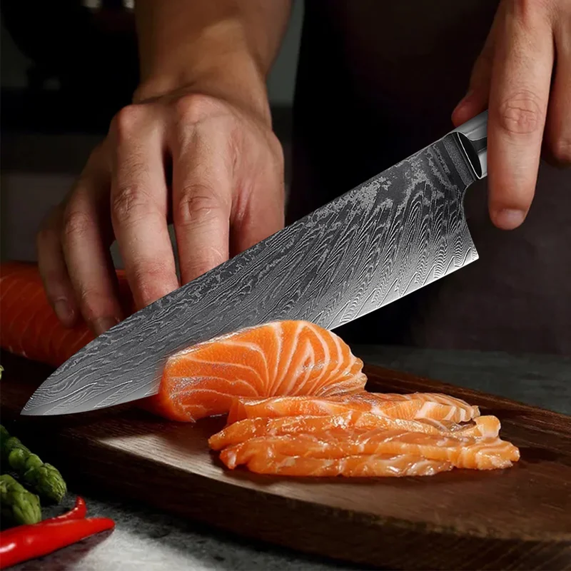 Ikura Pro Damascus Kitchen Knife Large Meat Cutting Knife Straight Blade