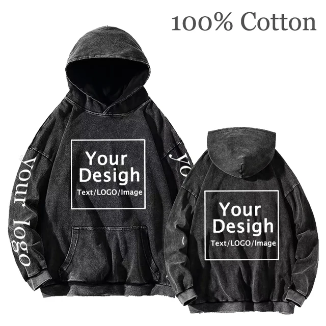Men's Vintage Acid Wash Custom Hoodie | DIY Personalized Logo Oversized Hip Hop Sweatshirt | Y2K Streetwear Casual Pullover for Men