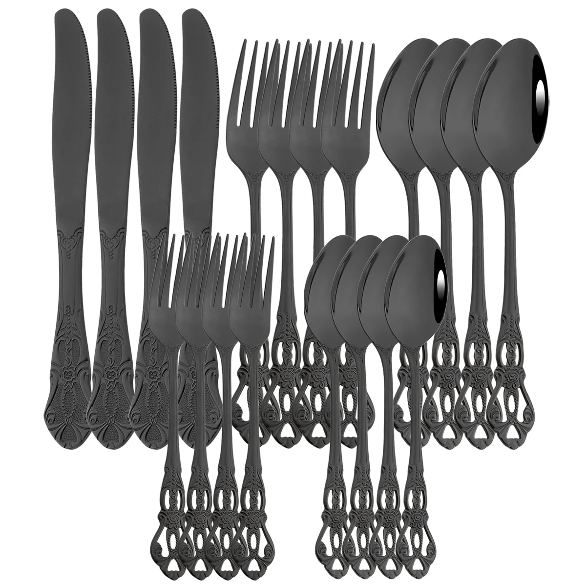 

20Pcs Black Cutlery Set Vintage Stainless Steel Dessert Spoon Fork Dinnerware Set Knife Fork Spoon Tableware Kitchen Flatware