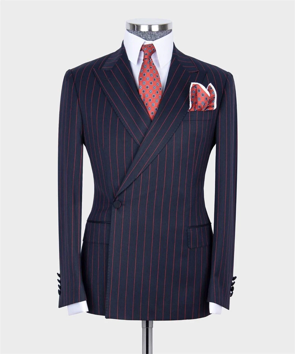 Navy Blue Striped Double Breasted Men's Suit 2pcs Blazer Pants for Wedding Groom Tuxedo Autumn/Winter Formal Business Wear Men Wedding Suits