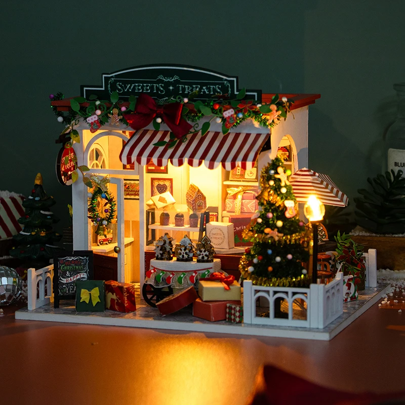 DIY Wooden Doll Houses Christmas Dessert Shop Casa Miniature Model Kit Villa Dollhouse with Furniture Led Light for Friends Gift 4