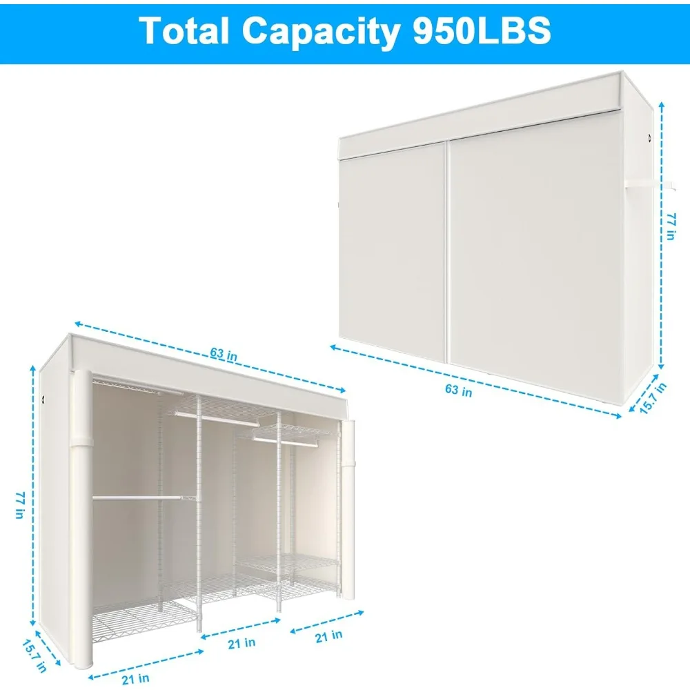 Sturdy Freestanding Closet Organizer with Adjustable Hanging Rack, 63 Wide x 16 Deep