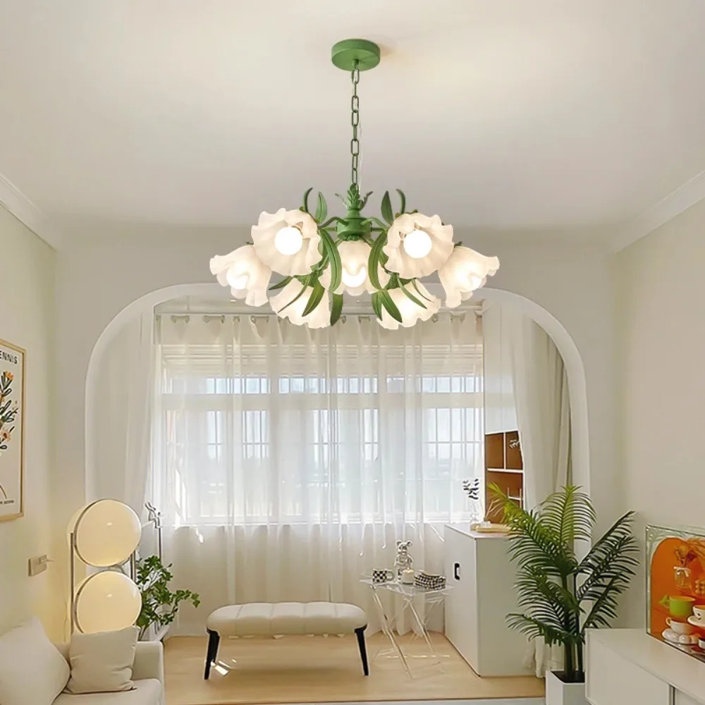 

Nordic Green Flower Ceiling Chandelier Living Room Bedroom Villa French Pastoral Flower Light Restaurant Iron Art Pendant Lamp