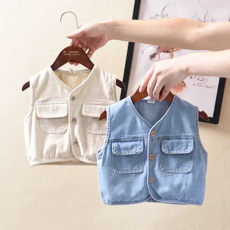

Plain Toddler and Baby Girls Boys Vest Single-breasted Denim Child Waistcoat Spring Autumn For 1-7 Years