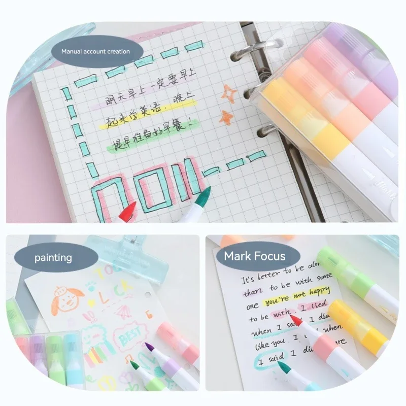 6 Colors Pastel Highlighter Marker Pen Set Brush Fluorescent Markers Art Marker Japanese Cute Kawaii Stationery