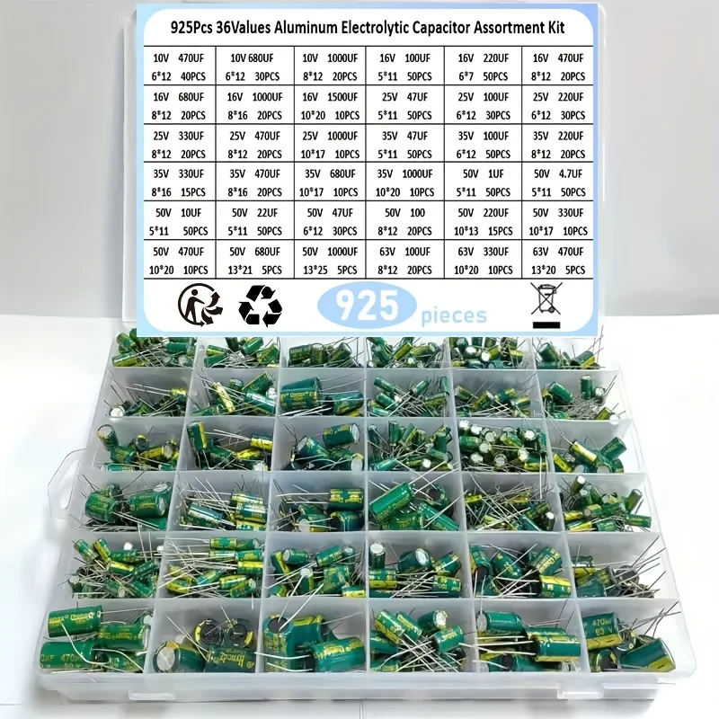 925Pcs 36 값 알루미늄 전해 커패시터 분류 키트 낮은 ESR 1uF 4.7uF 10uF 22uF 47uF 100uF 220uF 330uF 470uF
