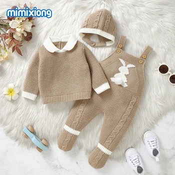 Vestiti per neonati Simpatico coniglio lavorato a maglia Infantile Ragazzi Ragazze Maglioni Pullover + Pagliaccetti + Cappelli Completi Set 3 pezzi Costumi per bambini