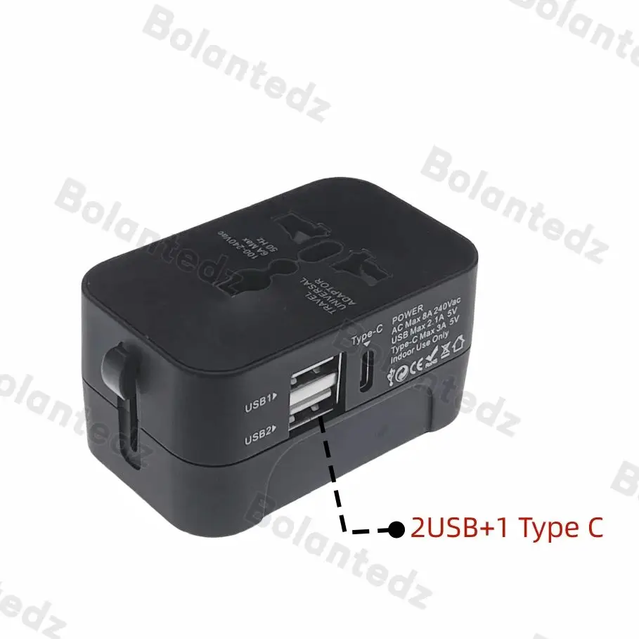 All in One Universal International Plug Adapter 2 USB Port 1 Type C World Travel AC Power Charger Adapter AU US UK EU Converter Plug Adapter