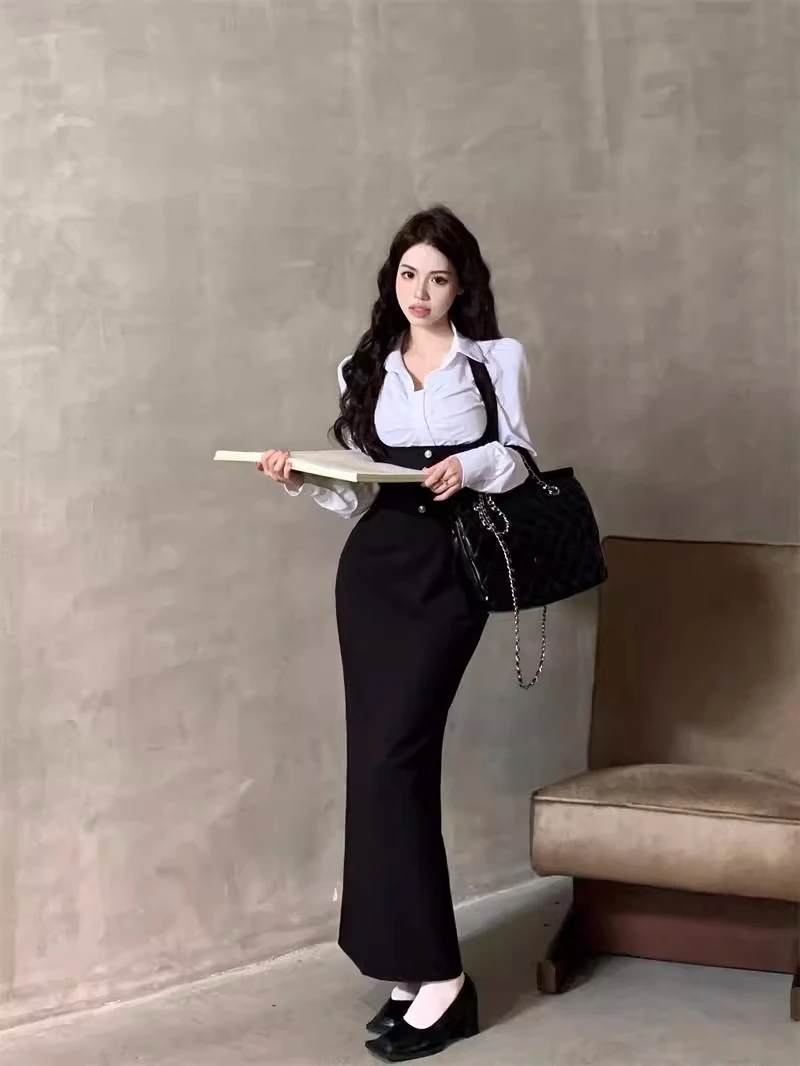 Y2K 3-piece Set Women Crop Coat Blazer White Shirt Halter Sleeveless Bodycon Midi Dress Autumn New Female Korean Chic Outfits