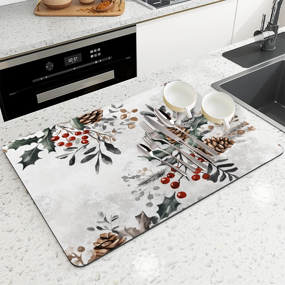 Drying Mat Christmas Holly Berry Fir Pine Non-Slip Absorbent Tableware Kitchen Counter Drain Mats Placemats 1pc