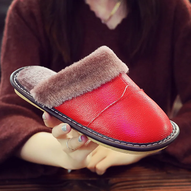 

2023 Winter Leather Women Slippers Indoor Waterproof Warm Slippers Home Fur Couple Shoes Flat Ladies Men'S Slippers Cotton Shoes
