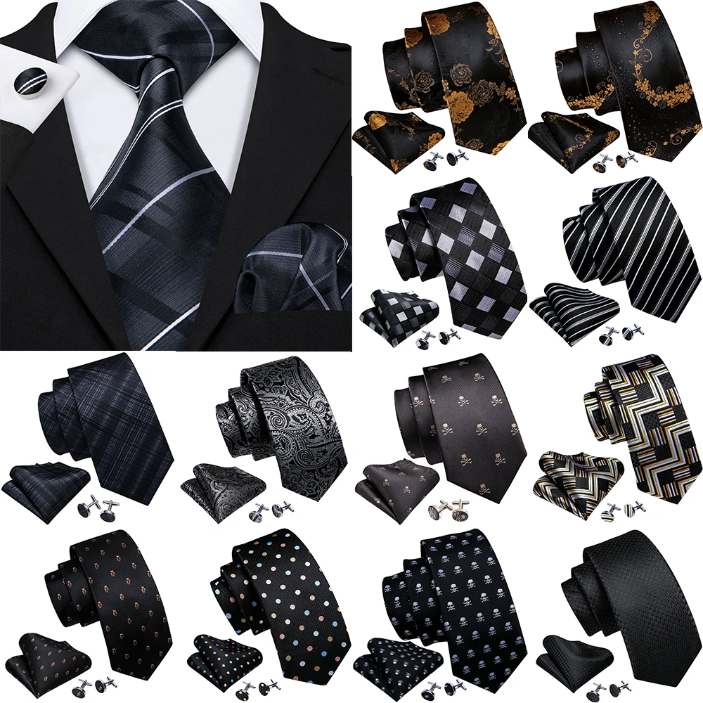 Classic Black Stripe Men Tie Fashion Silk Woven Fazzoletto Gemelli Set Di Cravatte Di Alta Qualità Business Party Barry.Wang 5005