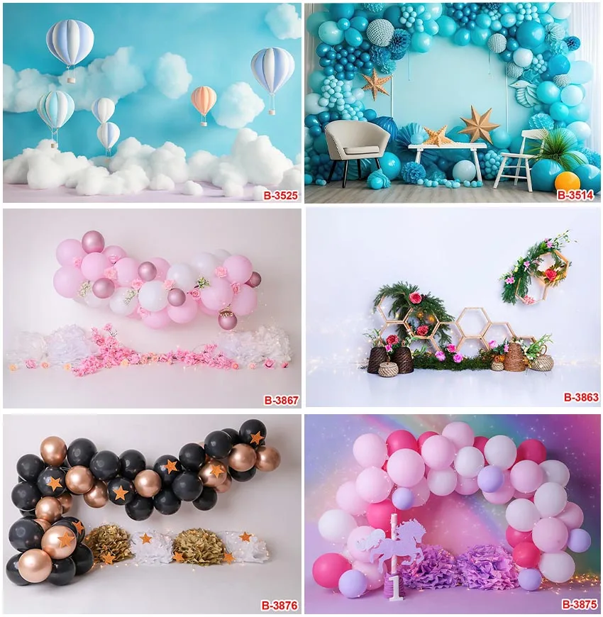 

Kids 1st Birthday Hot Air Balloons Cloud Blue Starfish Flowers Colorful Backdrops Cake Table Photography Newborn Backgrounds