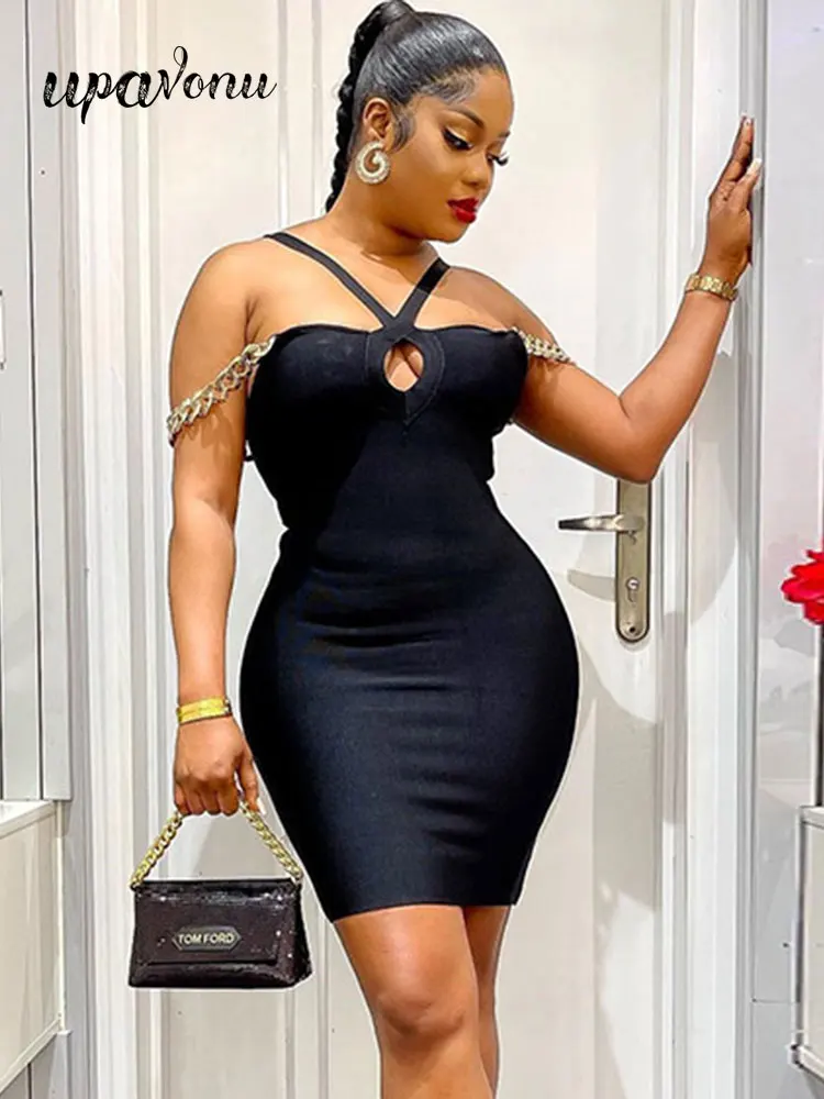 

Free Shipping 2022 Summer New Black Bandage Dresses Women's Sexy Gold Chain Strap Sleeveless Bodycon Cutout Party Mini Vestidos