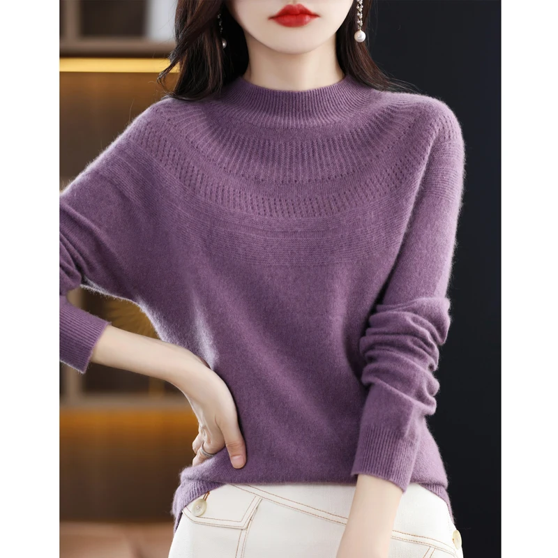 

100% pure sweater first-line ready-to-wear women's semi-high neck seamless hollow knit bottoming sweater