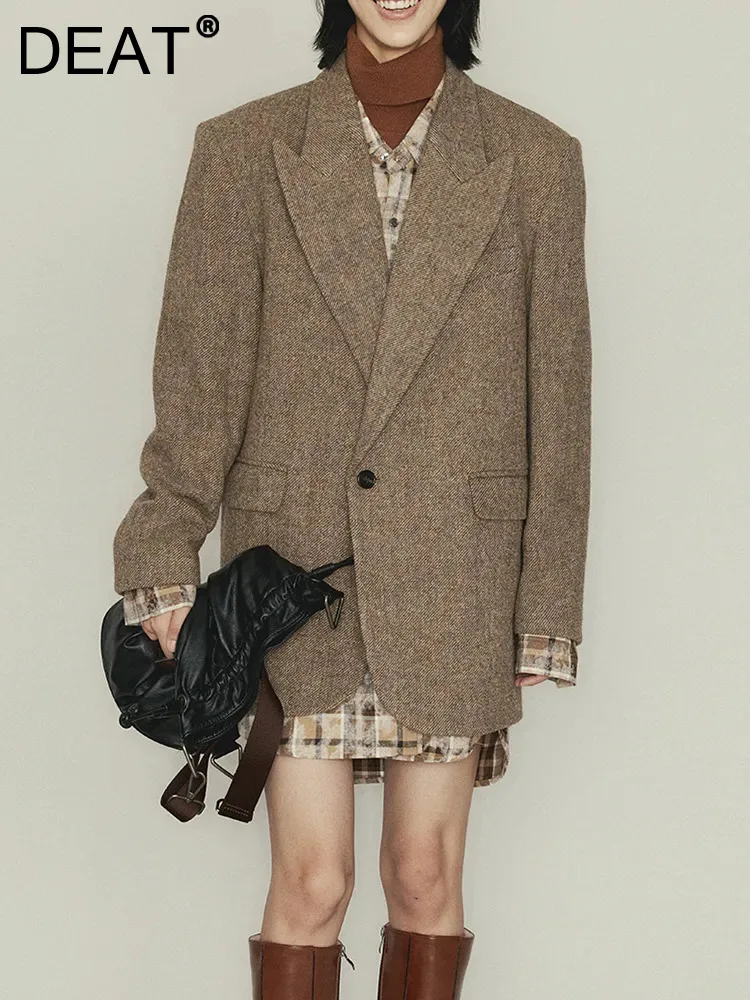 

DEAT Fashion Women Blazer Notched Long Sleeves Single Button Loose Pockets Wool Solid Color Suit Jackets Autumn 2023 New 7AB1657