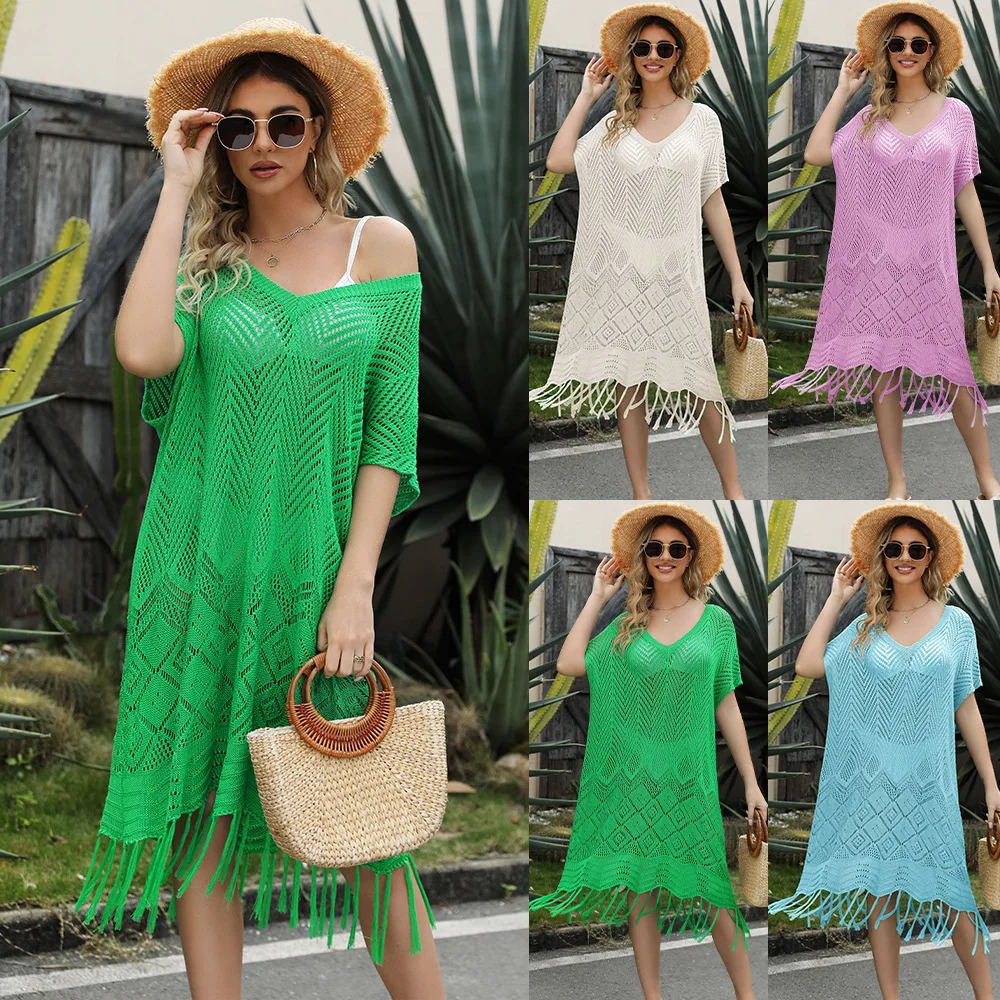 

2023 Summer New Women's Solid Tassel Hollow Out Thin Knit Dress Loose Beach Skirt Fashion V-neck Short Sleeve Green Blue Outdoor