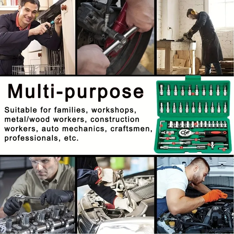 Drive Socket Set 46pc 1/4 inch Ratchet Wrench Set Sockets Metric Hex Bit Socket Mechanic Tool Kits Hous Auto Repair
