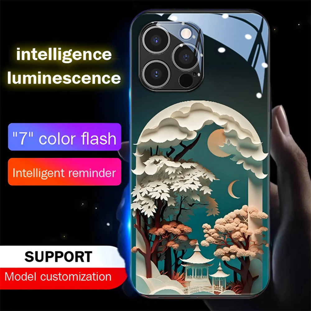 

Pretty Scenery Forest Smart LED Light Up Glow Tempered Glass Phone Case For Samsung S24 S23 S22 S21 S20 FE Note 10 20 Plus Ultra