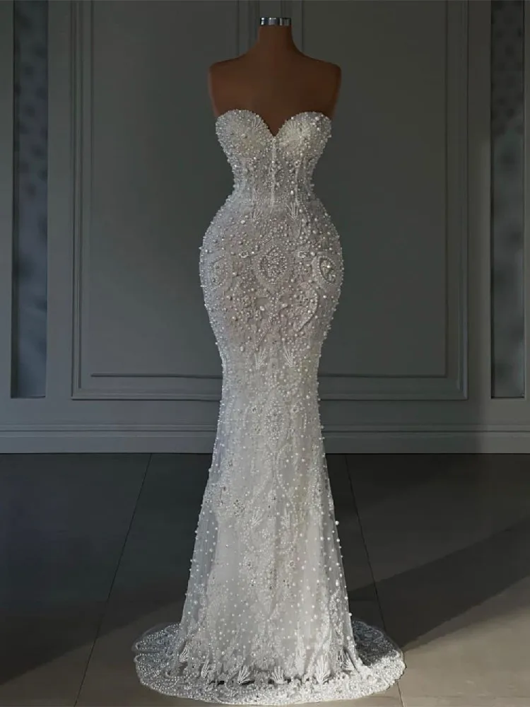 Elegant Evening Dresses Sleeveless Strapless V Neck Sequins Shiny Appliques Lace Pearls Formal Gowns Prom Dresses Custom Made