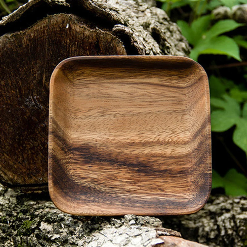 Square Wooden Plate Small Acacia Wood Cake Dessert Plate Snack Tray Appetizer Fruit Serving Wooden Utensils Tableware 1Pc