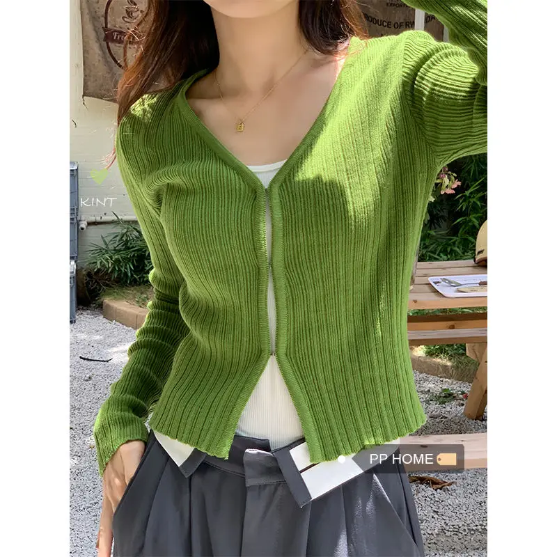 

Cropped Cardigan Women V Neck Covered Button Solid Stretch Thin Spring 2023 Long Sleeve Knitted Tops Casual Lady Sweater