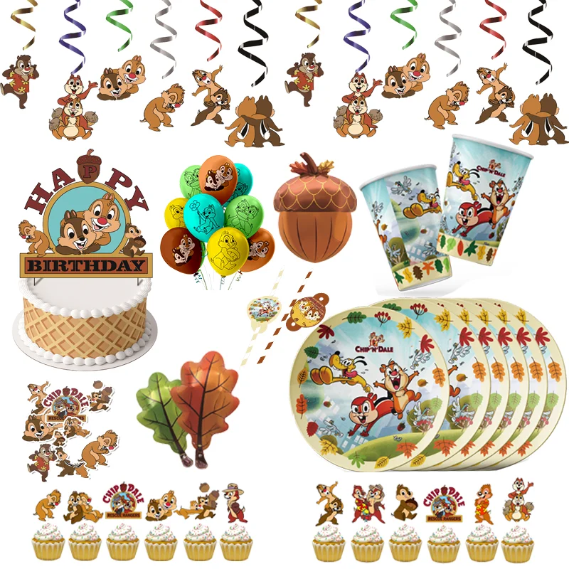 

For Kid Birthday Chip 'n' Dale Birthday Party Supplies Disposable Tableware Plates Cups Balloons Party Favor Baby Shower Sticker