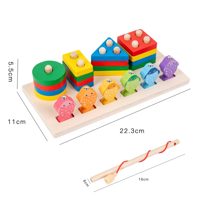 2 in 1 Montessori Baby Developmental Toys Shape Sorting Puzzle and Fishing Game Wooden Educational Toys for Children 3 4 5 Years 6