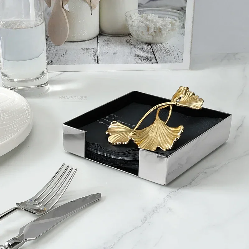 Ins European Stainless Steel Tissue Box Brass Ginkgo Leaf Decor Hotel Table Napkin Holder Afternoon Tea Desktop Tissue Organizer 6