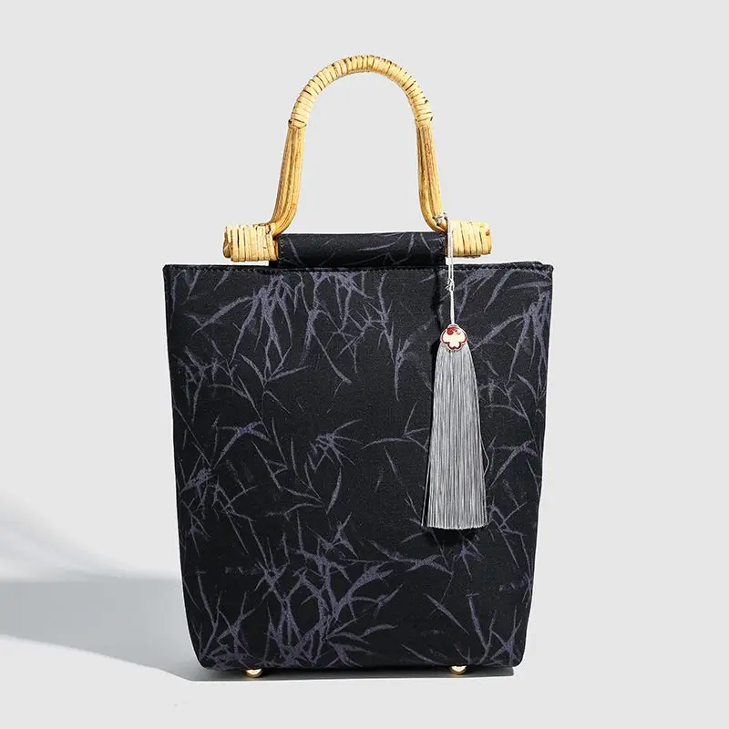 Retro Bamboo Pattern Beige Handbag Women Bamboo Handle Cheongsam Dress Large Capacity Banquet Bag Ladies Elegant Premium Purse