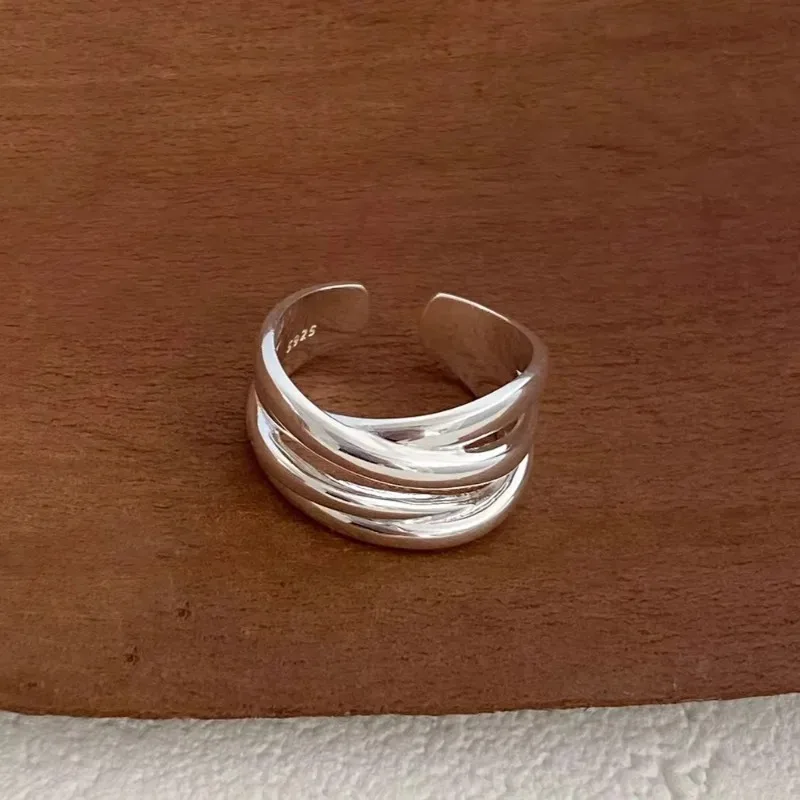 Anelli aperti a strati intrecciati in argento sterling 925 per donna e uomo, anelli regolabili con linee geometriche minimaliste alla moda, gioielli unisex. - immagine 4