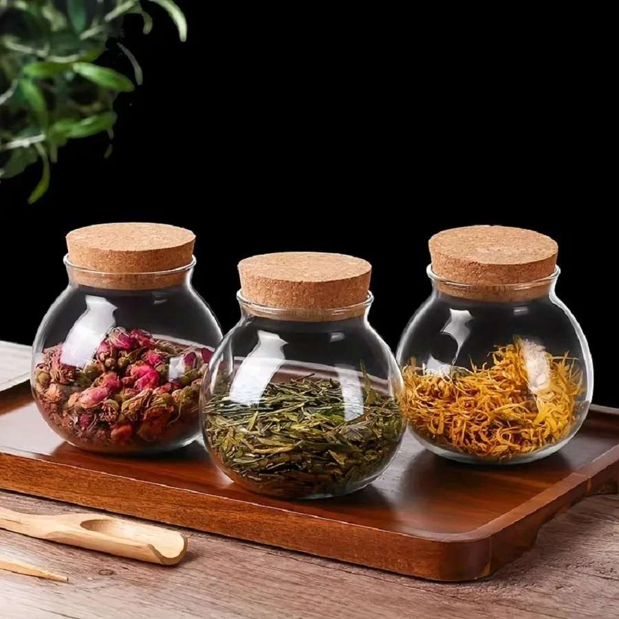 Description Picture 4 of item1/3pc Storage Containers 500ML Cork Glass Tea Jar With Cork Stopper Round Sealed Food Storage Jar Kitchen Organizers