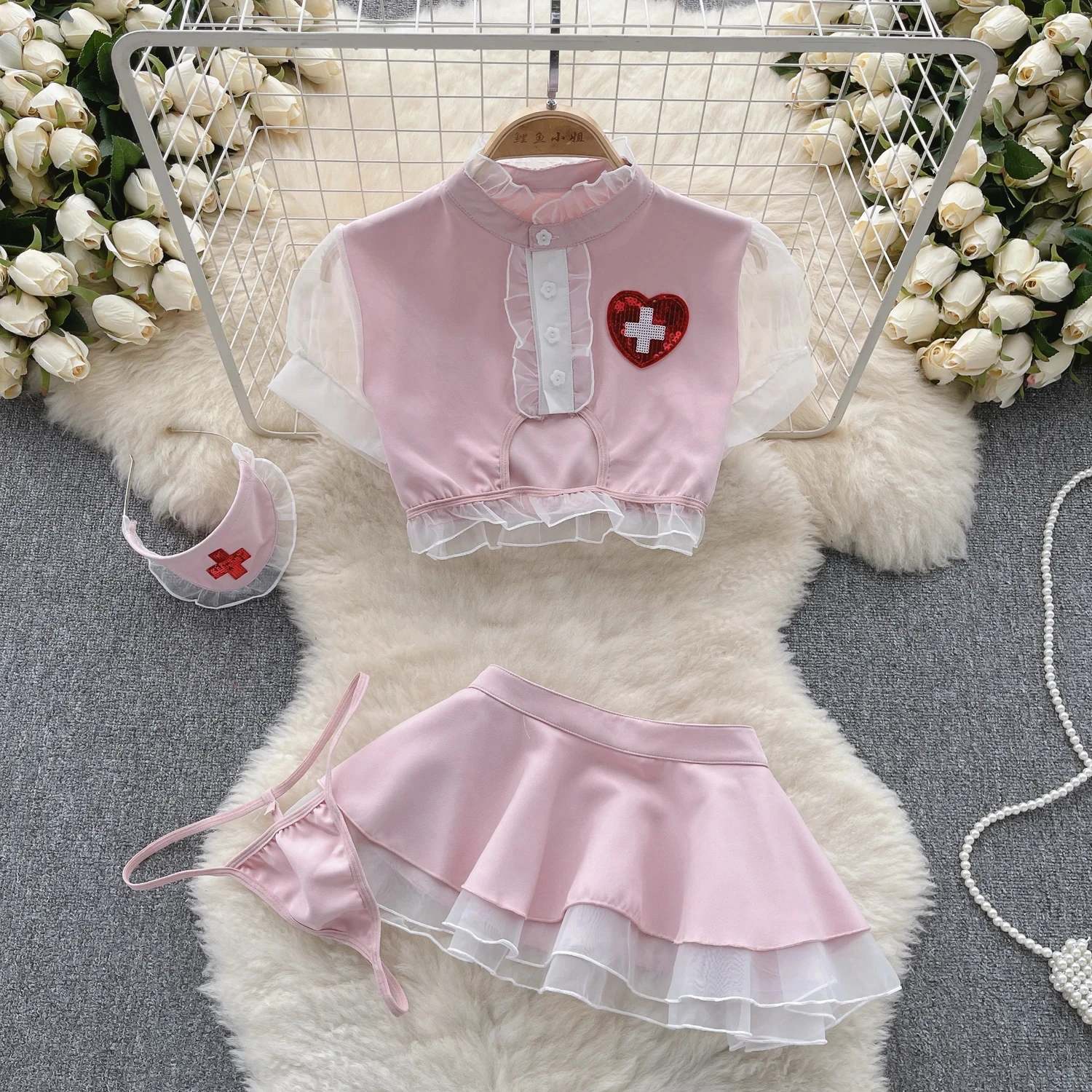 Sexy Nurse Cosplay Uniform High Waisted Ruffled Bubble Sleeve Short Top Hotsweet Girl Cute Two Layer Short Skirt Two-piece Set