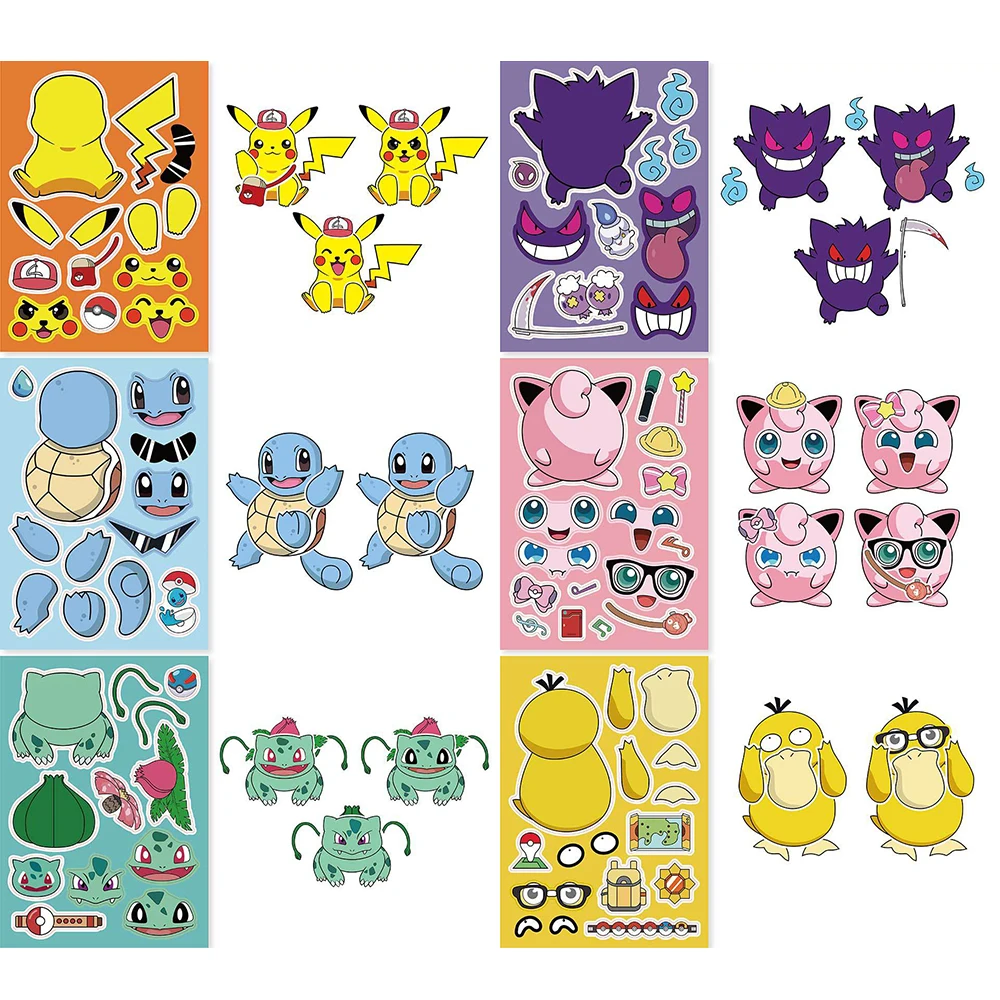 6/12Sheets DIY Pokemon Pikachu Children Puzzle Stickers Make-a-Face Funny Assemble Jigsaw Anime Sticker Kids Educational Toys 8 16sheets pikachu pokemon children puzzle stickers make a face funny assemble jigsaw diy cartoon sticker kid educational toys