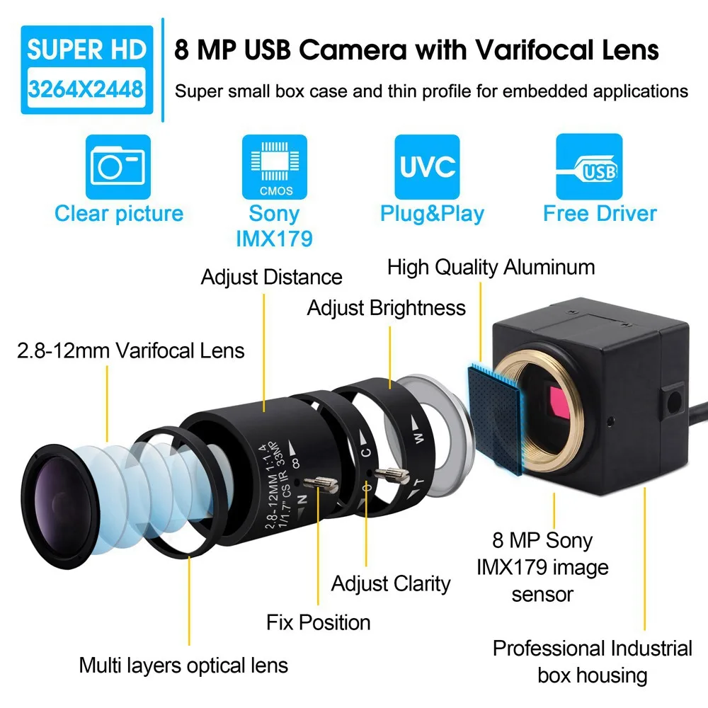 8MP USB Webcam with Zoom Varifocal Lens HD IMX179