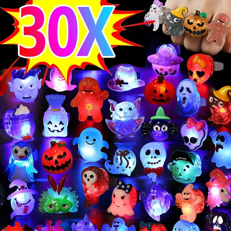 10-30Pcs Led Luminosi Anelli Di Halloween Zucca Creativa Fantasma Teschio Incandescente In Anelli Di Barretta Scuri Giocattoli Luci Gioielli Regali Pe