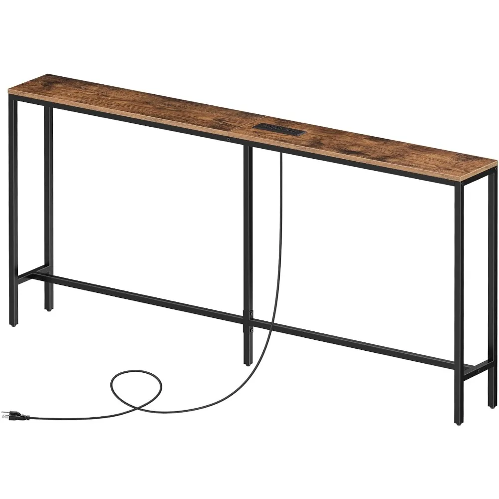 Тонкий стол-консоль с розетками питания, узкий Диванный стол 63 дюйма, за диваном и зарядной станцией